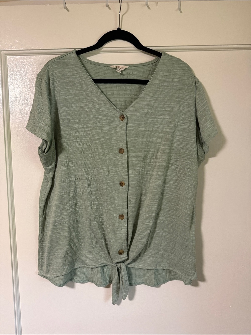 Relaxed Sage Button-Front Tie-Hem Women's Shirt